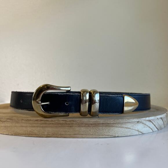Vintage 90s USA Made Blue Black Genuine Leather Double Gold Buckle Belt Size XL - Picture 12 of 12